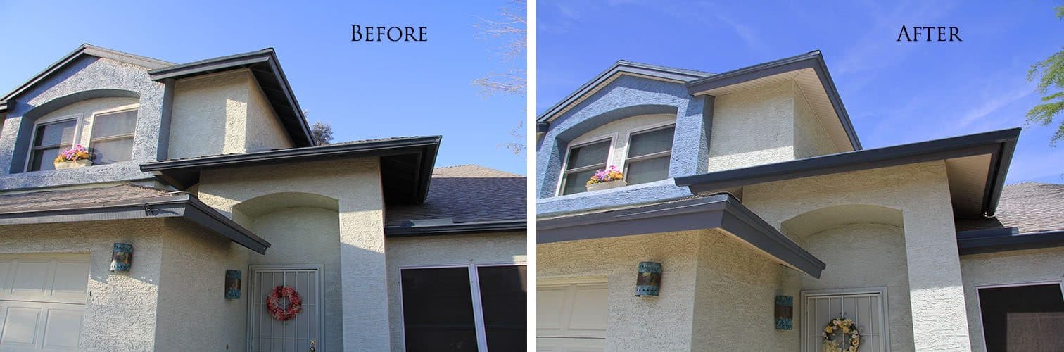 Two-storey stucco house with grey-blue trim and shingle roof: dark painted open eaves before, new light soffit and dark wrapped fascia after