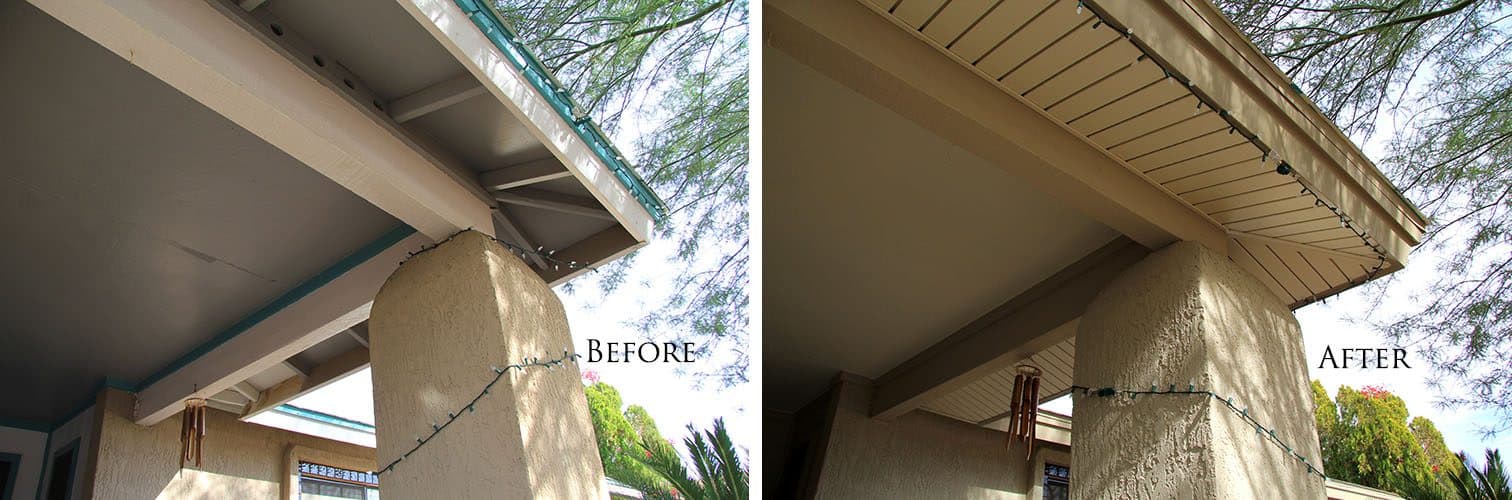 Porch eave with teal-trimmed painted wood before and tan vinyl soffit with matching fascia after, over a stucco column