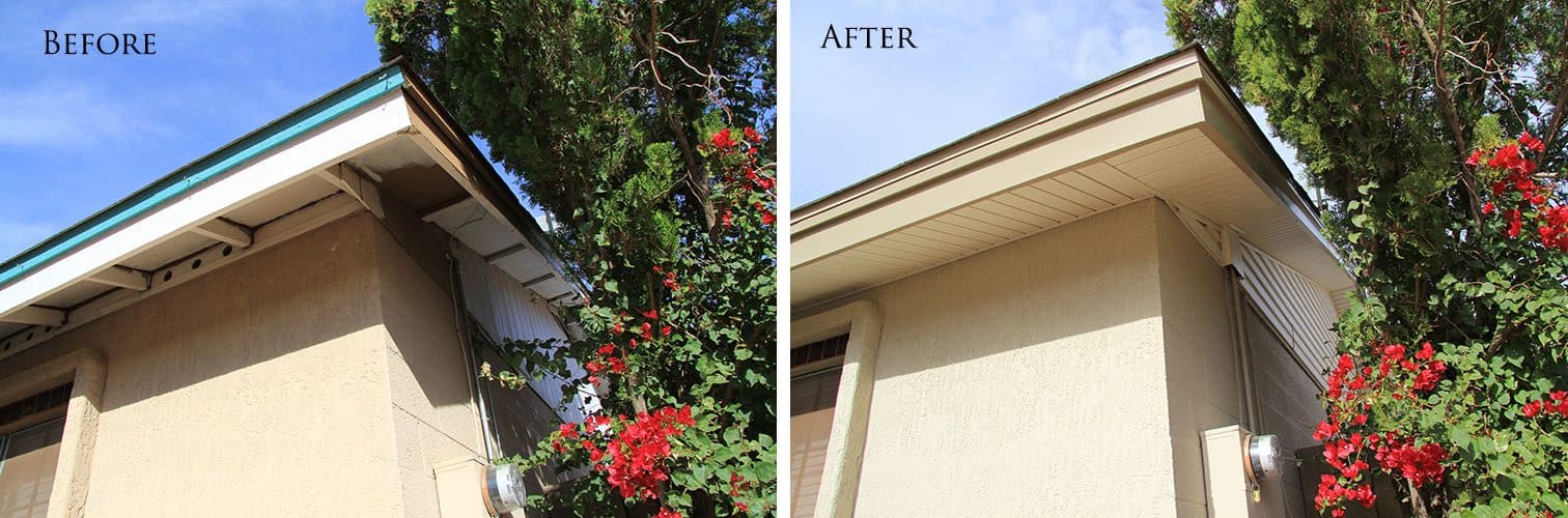 Painted wood eave with teal fascia before and tan vinyl soffit and fascia after, on a tan stucco house with bougainvillea