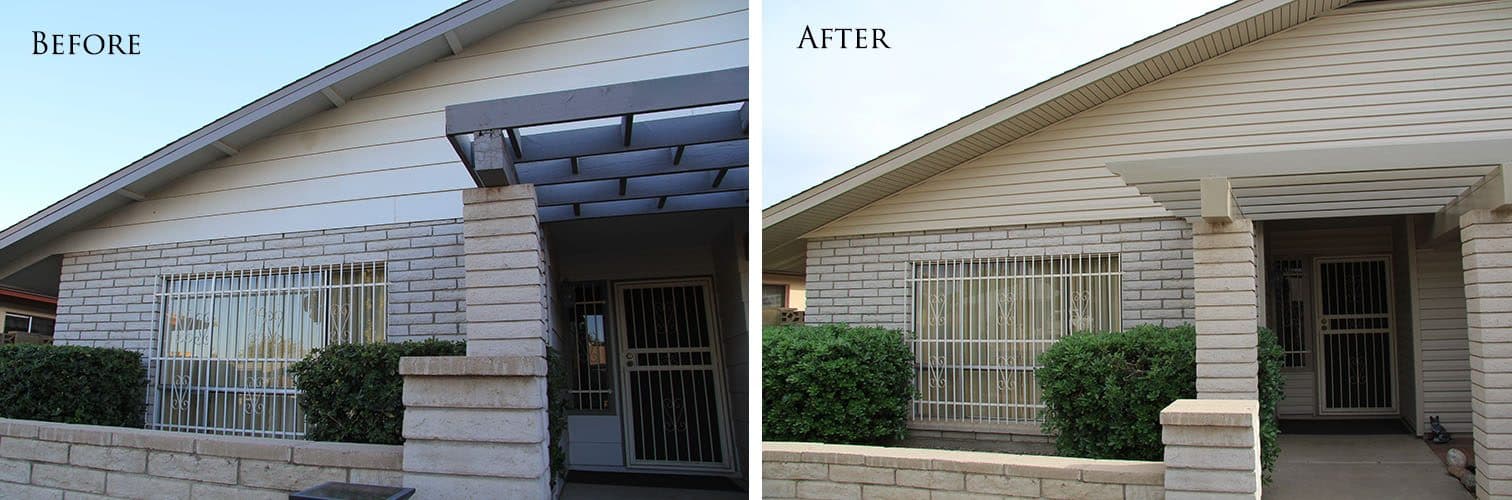 White painted gable and porch beam over painted brick before; tan vinyl siding on the gable, new soffit and a wrapped pergola beam after