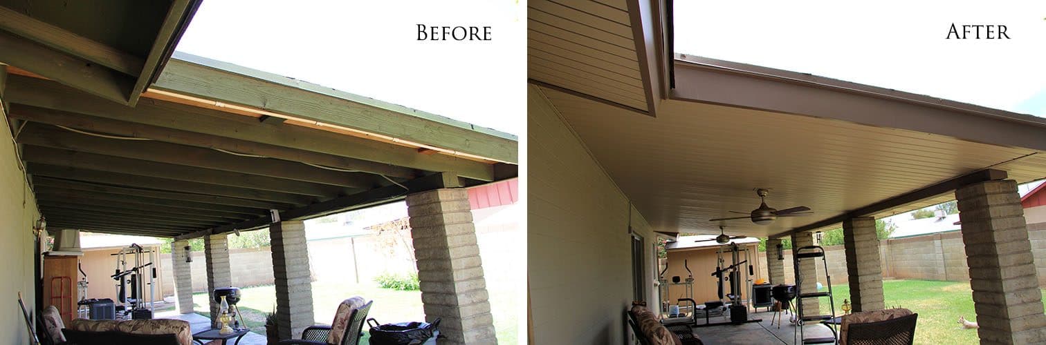 Green painted open-beam patio ceiling before; closed in with tan soffit panels, new fascia and ceiling fans after, on block columns