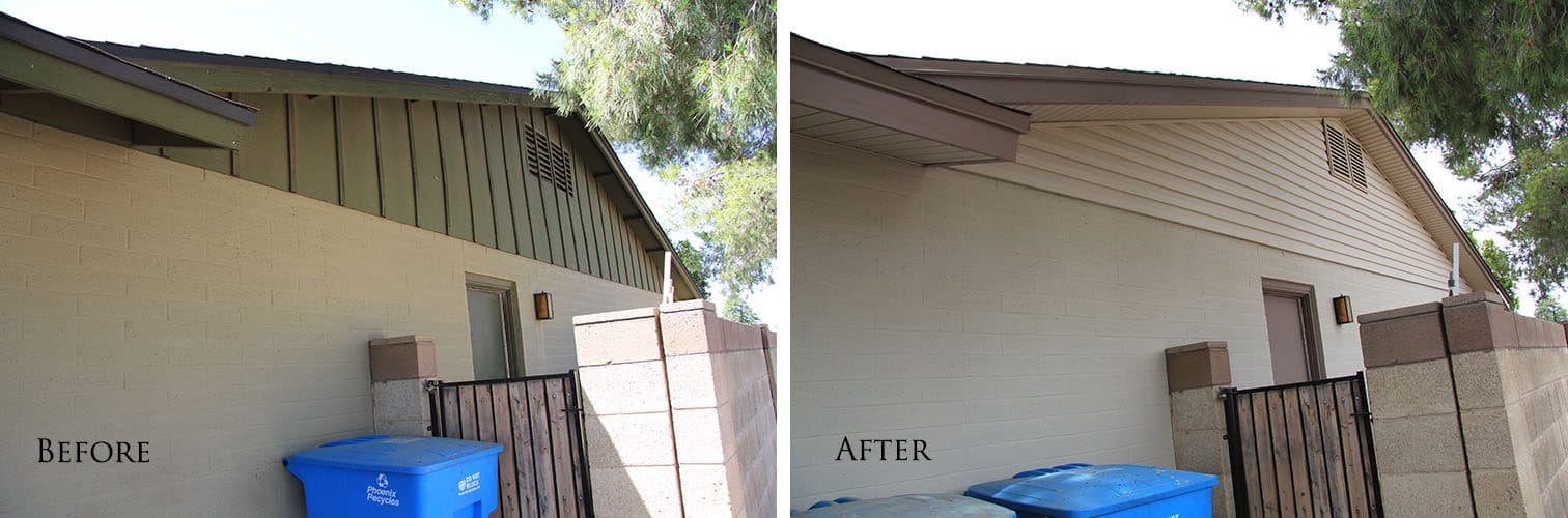 Green board-and-batten gable over a block wall before; tan vinyl siding with brown fascia and soffit after
