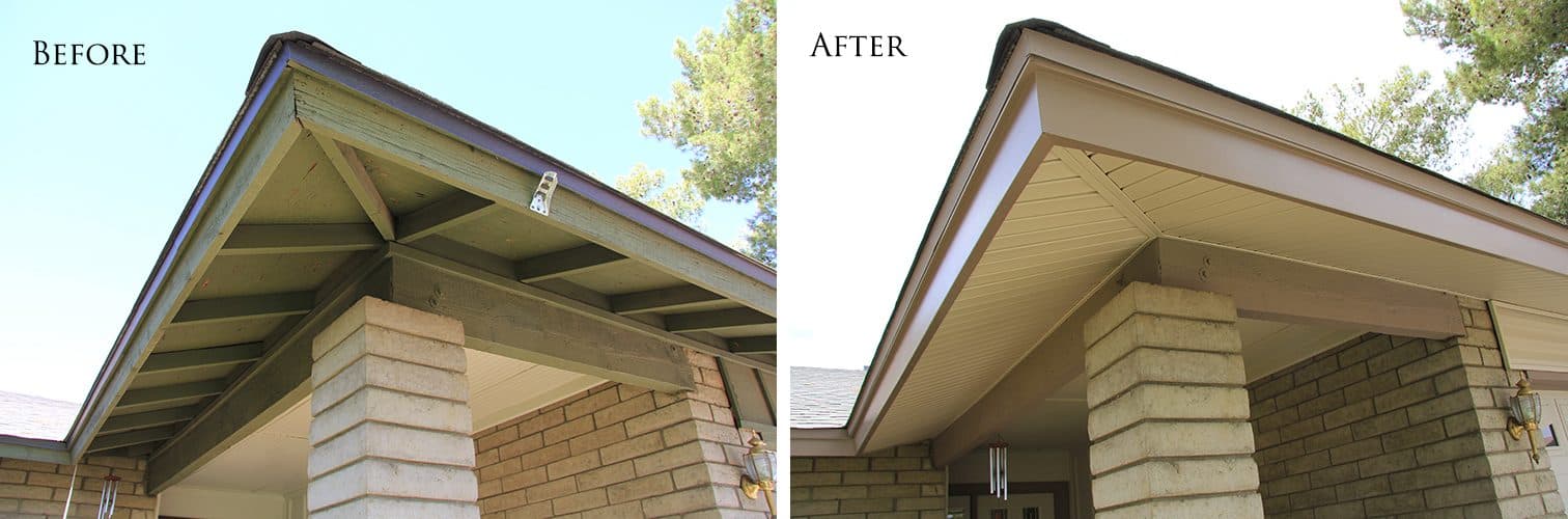 Weathered green wood open eave on a brick porch before; tan vinyl soffit, brown fascia and a wrapped beam after