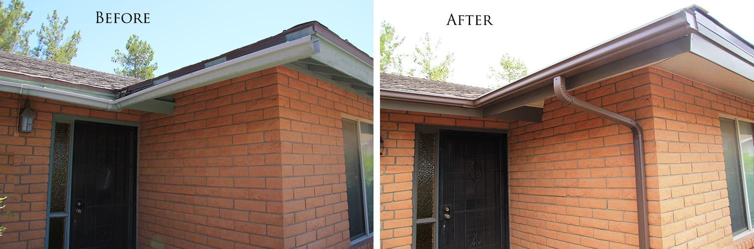 Brick house entry under a shingle roof: green-painted wood fascia, open eave and white gutter before; brown wrapped fascia, closed soffit and matching brown gutter and downspout after