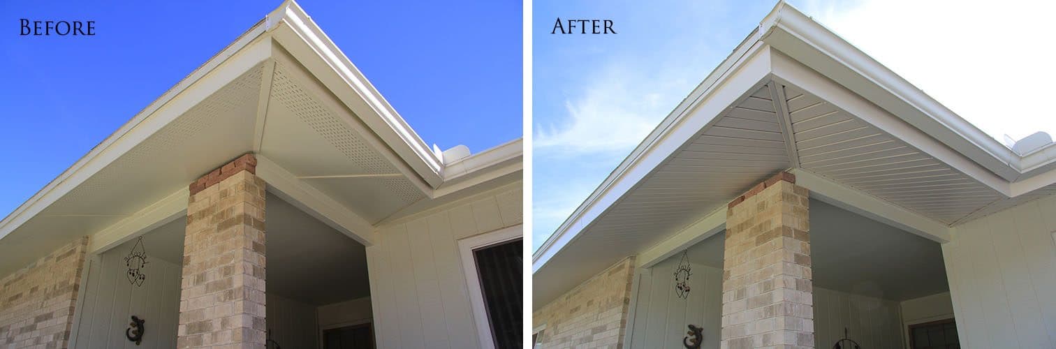 Brick porch gable with white perforated soffit before and almond solid vinyl soffit with white gutters after