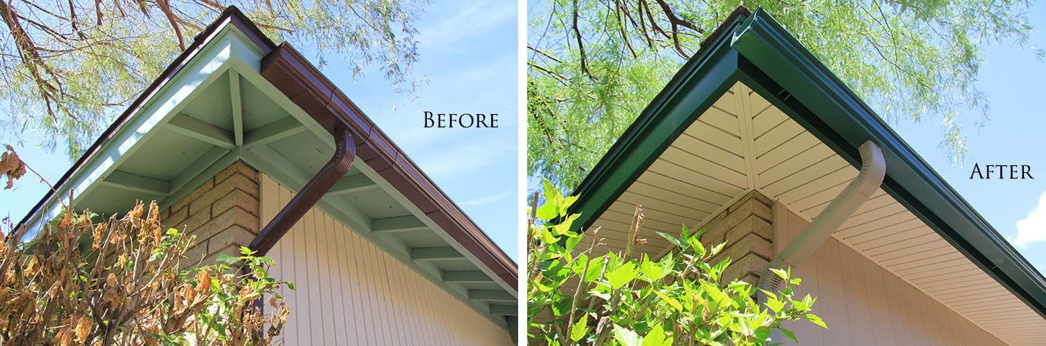 Pale green painted wood eave with brown gutter before; green fascia and gutter with tan vinyl soffit after, at a brick corner