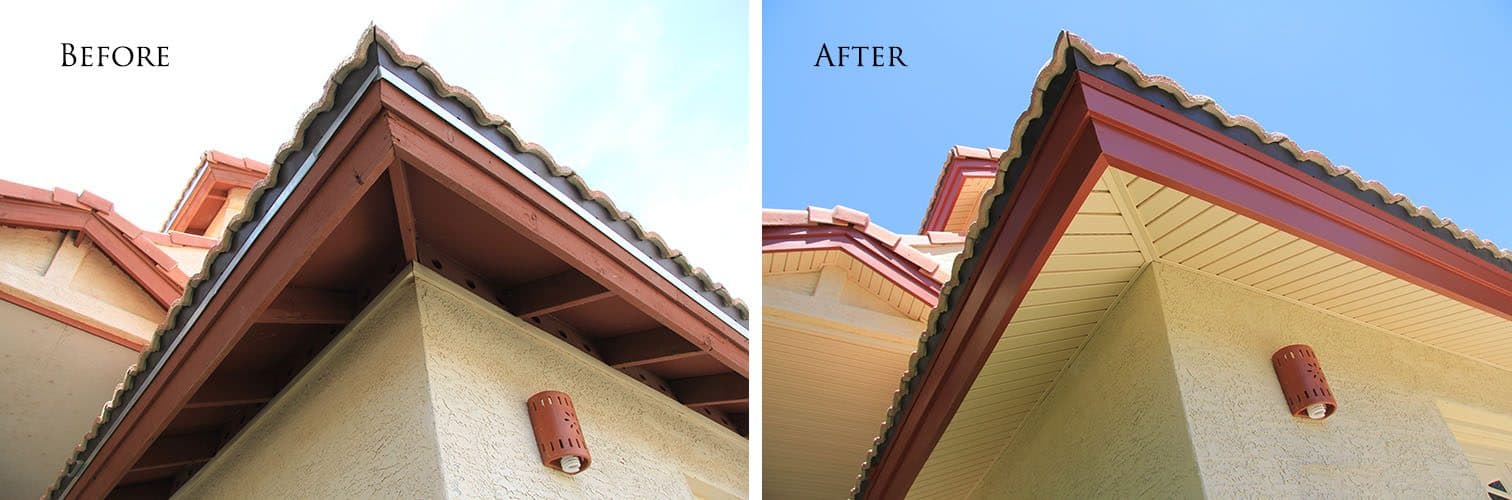Tile roof eave with red-painted wood rafters before; red fascia and tan vinyl soffit after, over tan stucco