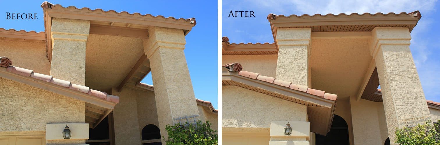 Tan stucco entry columns under a tile roof: open eave before, brown soffit and fascia after