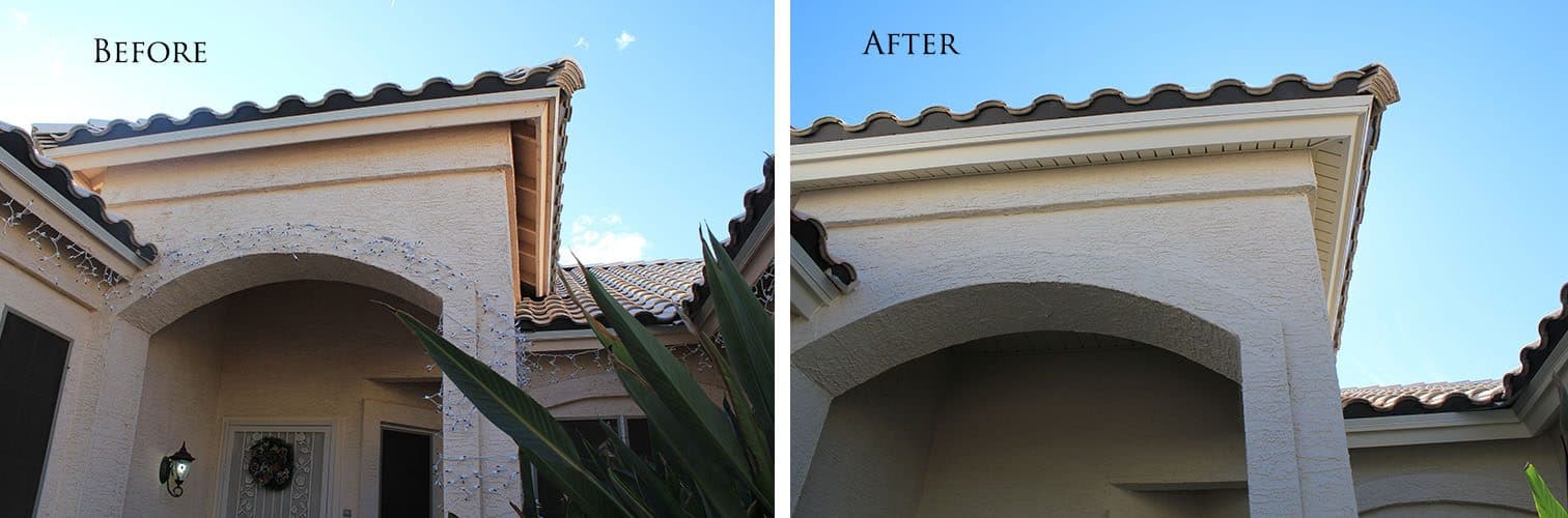 Tan stucco arched entry with tile roof: open rafter eave with lights before, white soffit and fascia after