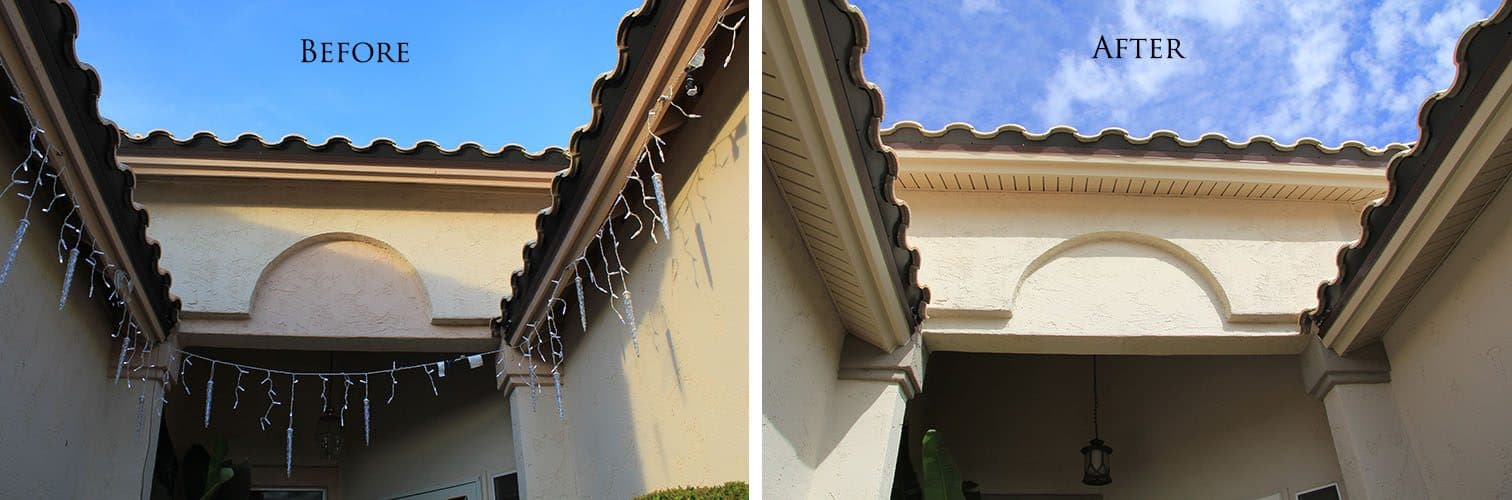 Courtyard entry under a tile roof: dark open eaves before, tan soffit with brown fascia after