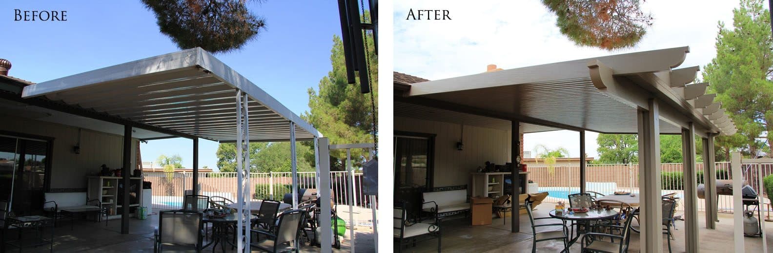 Backyard patio: old white flat aluminum cover before, tan insulated aluminum patio cover with lattice-style rafter ends after, pool fence behind