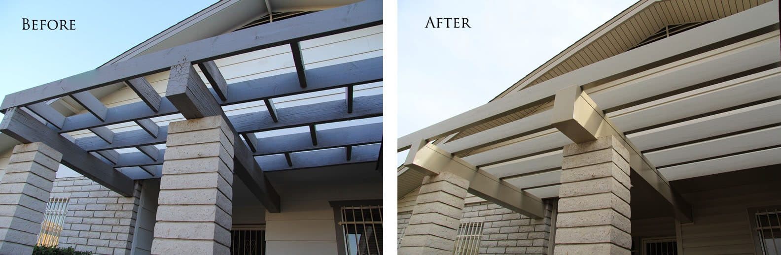 Grey wood pergola before and tan aluminum lattice pergola after, on block columns