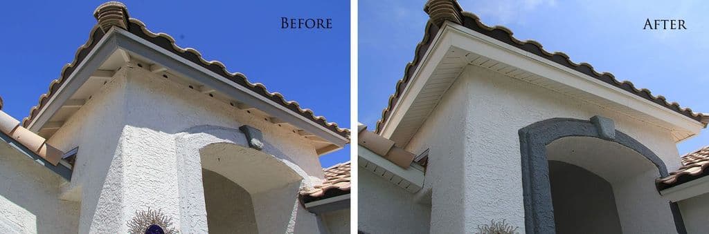 Tile-roof gable on white stucco: painted open rafters before, white vinyl soffit and fascia after