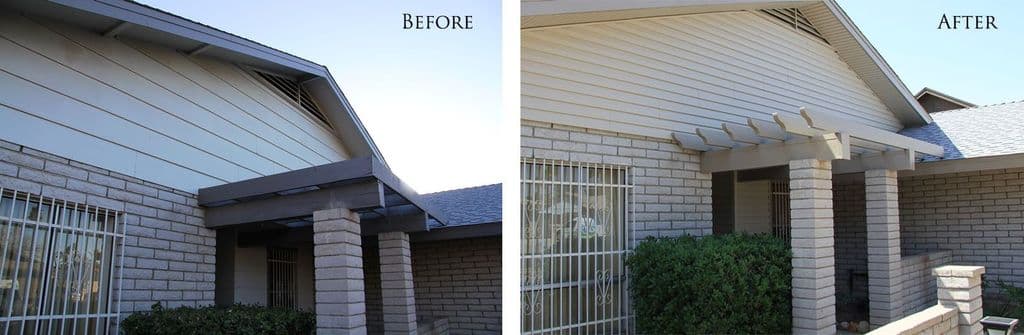 Grey painted wood porch pergola before; tan aluminum lattice cover and vinyl siding on the gable after